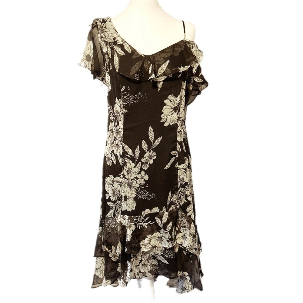 New Colleen Lopez Midi Dress Size 8 Black‎ Floral One Shoulder Hi-Lo Hem Ruffle